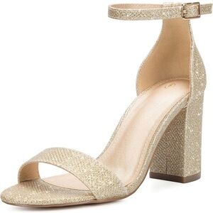 Women's Chunky open toe Gold Block Heels. 3.5 Inch Heeled Sandals.